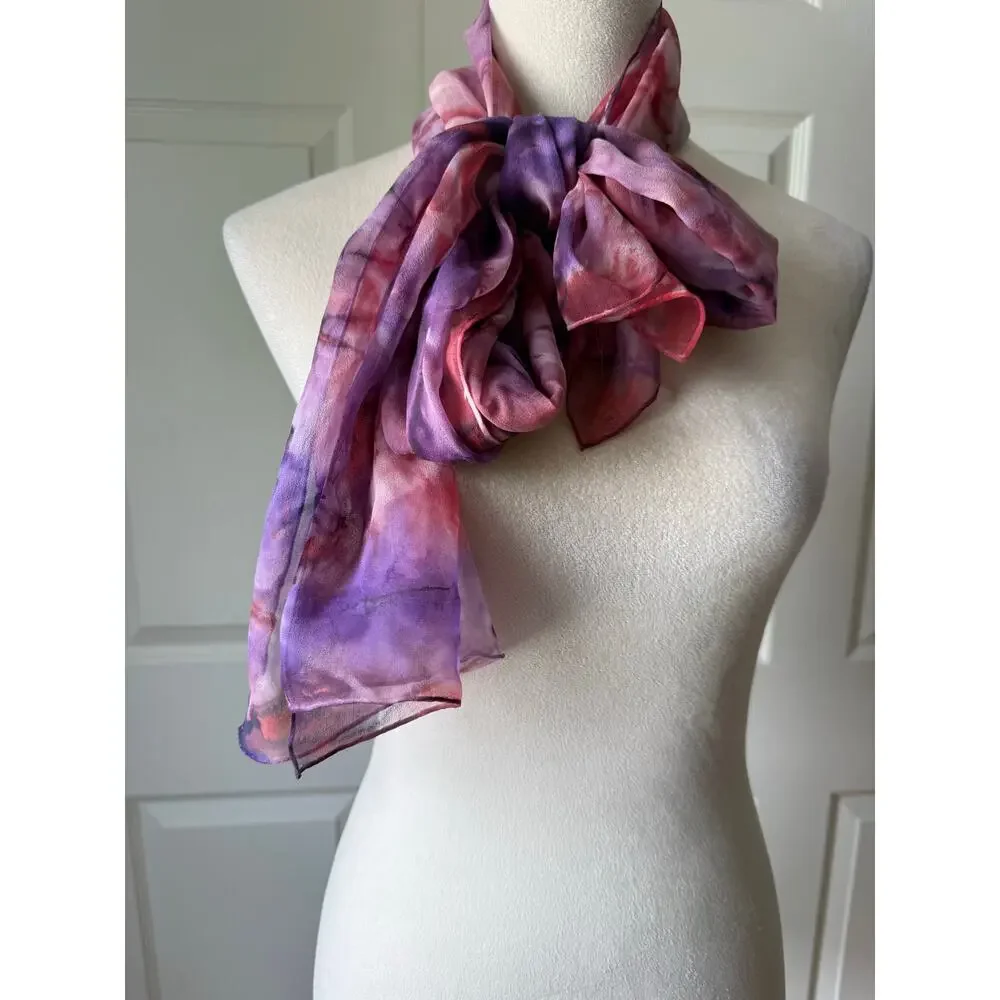 Hand Rolled Silk Chiffon Scarf Purple Pink Watercolor Tie Dye 68x19‎